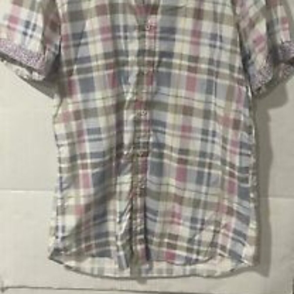Bugatchi Men's M Button-Up Plaid Cotton Shaped Fit Short Sleeve Shirt‎ - Picture 5 of 7
